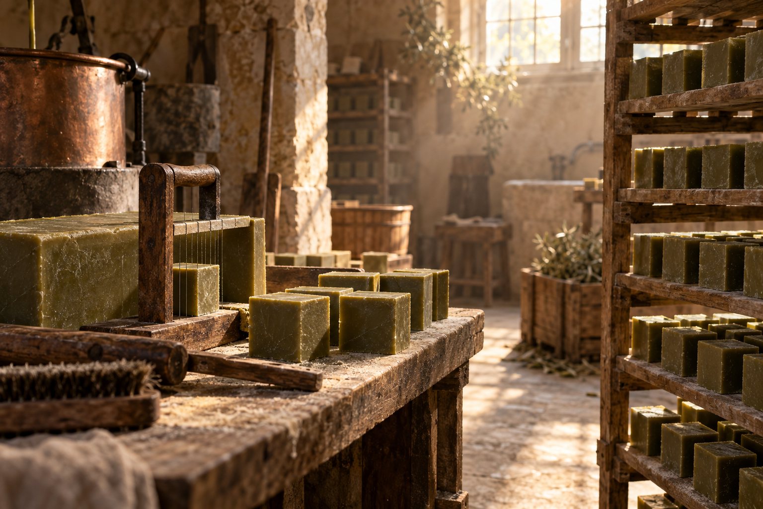 Savonnerie traditionnelle de Marseille, cubes de savon en séchage