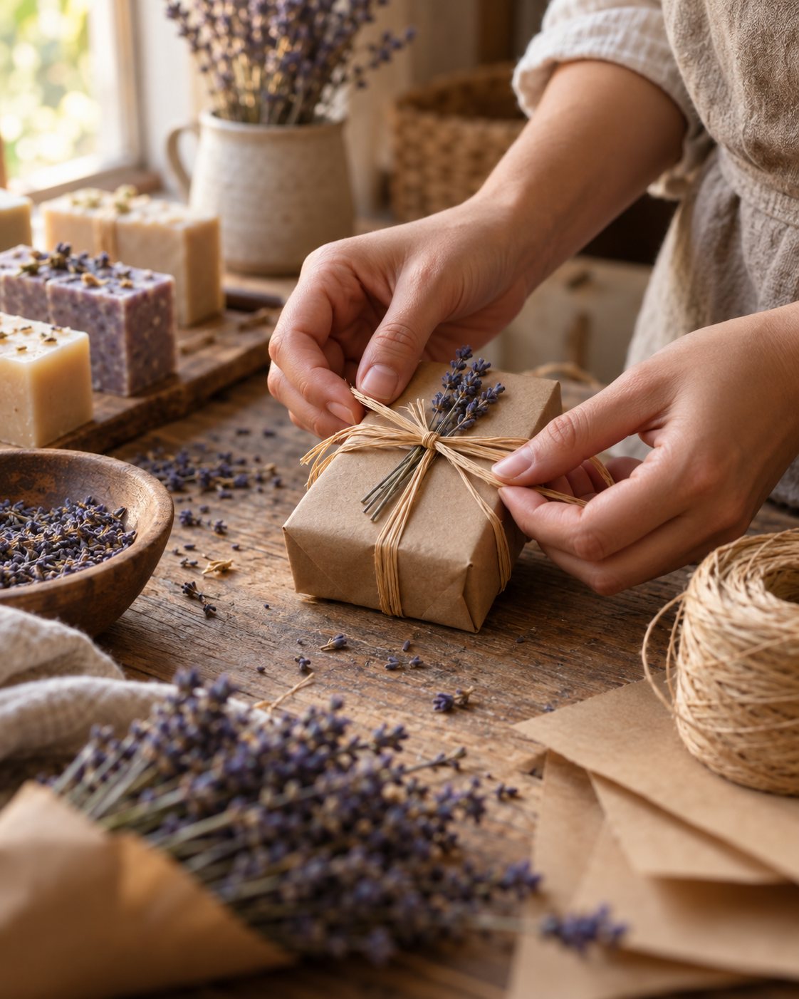 Savon artisanal emballé à la main avec de la lavande