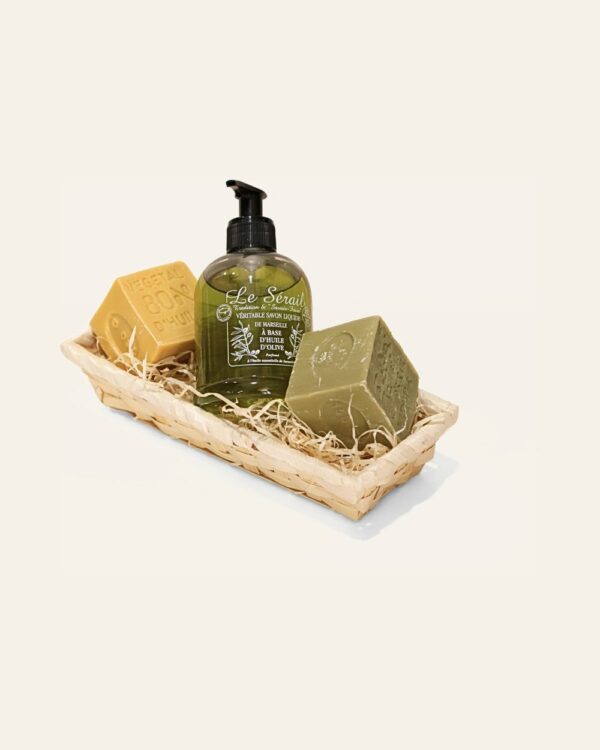 Corbeille « Bannette » – 2 savons et savon liquide