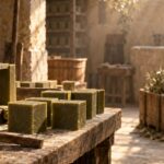 Cubes de savon de Marseille à l’huile d’olive séchant dans une savonnerie traditionnelle