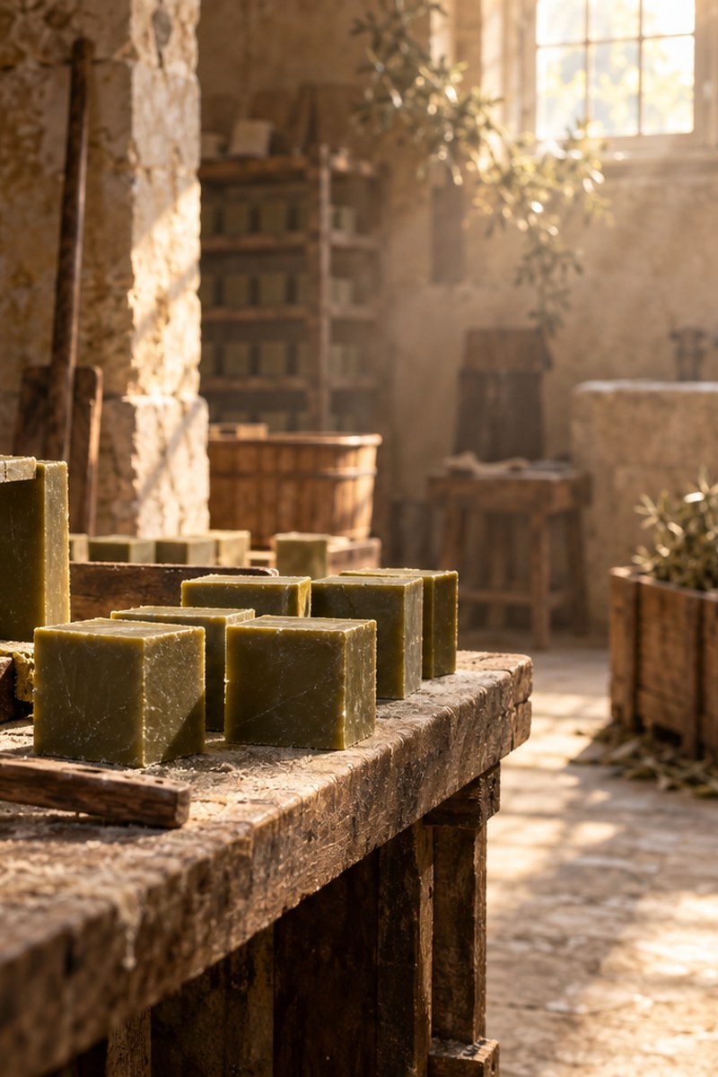 Cubes de savon de Marseille à l’huile d’olive séchant dans une savonnerie traditionnelle